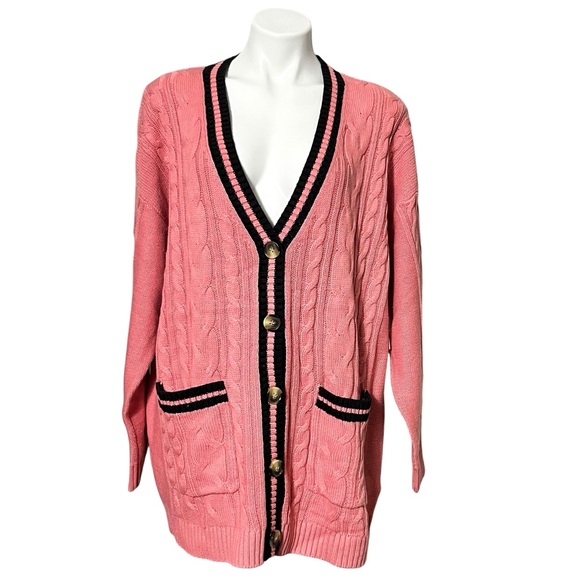 89th & Madison Chunky Boyfriend Cardigan Sweater Size 1X Coral/Navy New - Picture 1 of 5